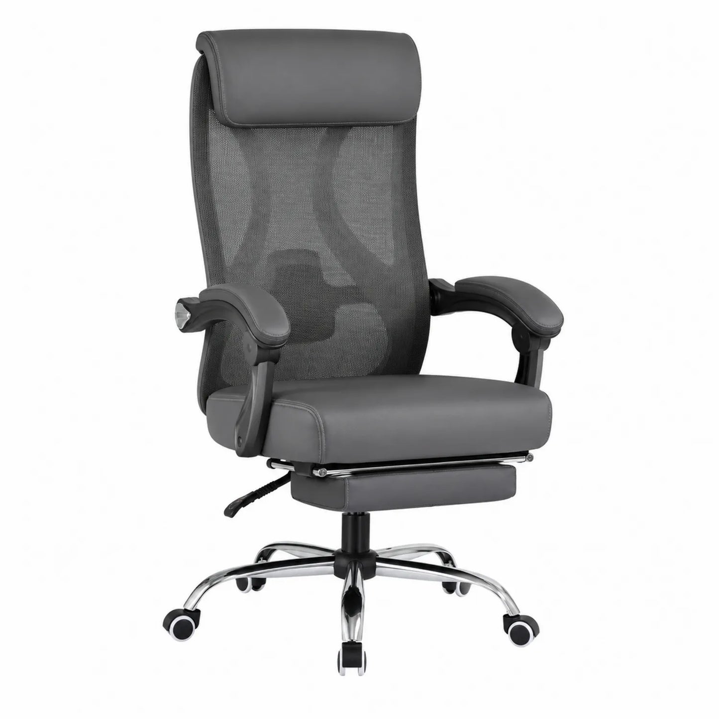 Fotel biurowy ergonomiczny z siatki i skóry PU szary z podnóżkiem