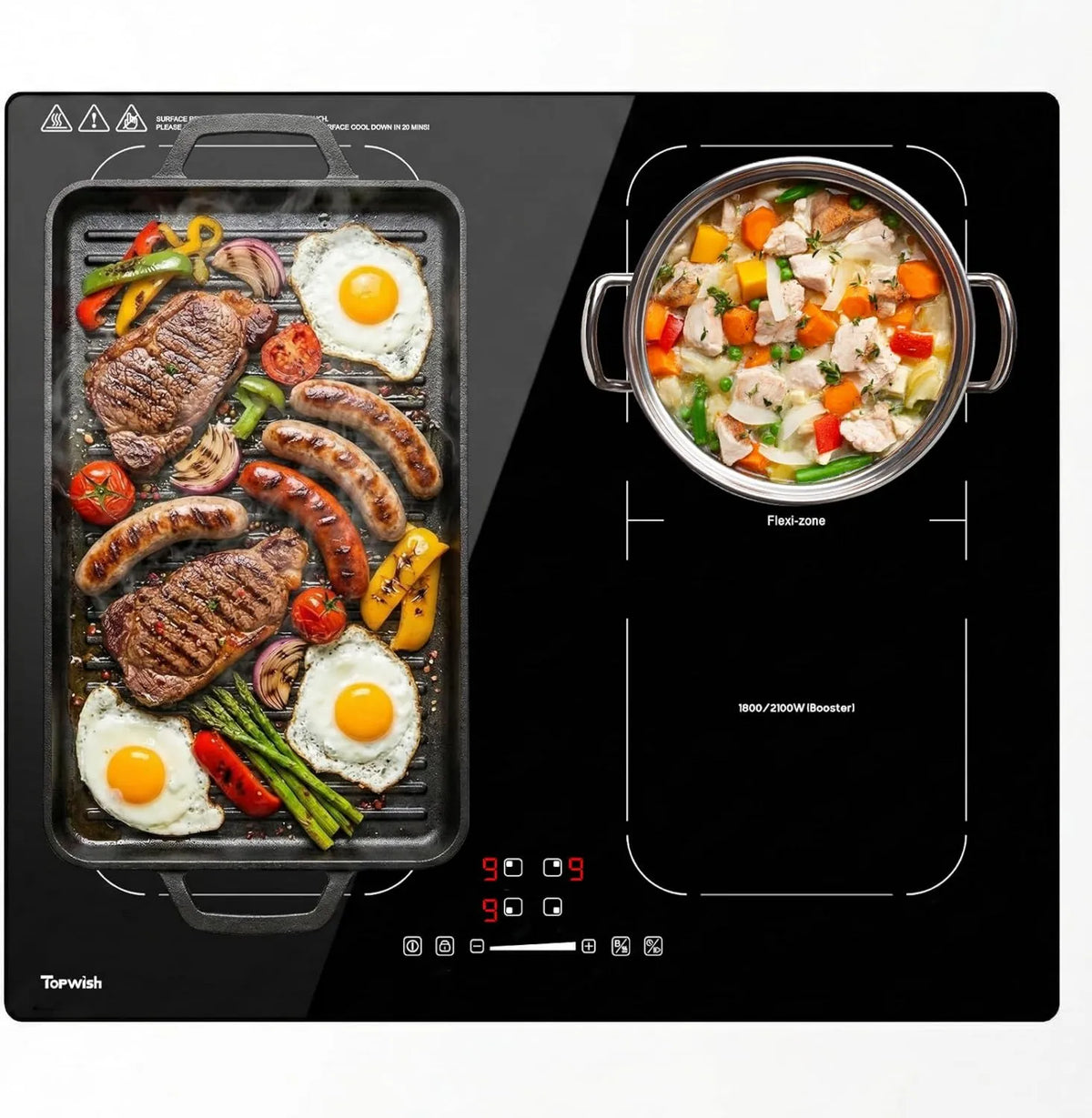 TOPWISH płyta grzewcza, Płyta indukcyjna, 60 cm, 4 pola grzewcze, 7200 W, stół indukcyjny gotowania, Boost, zamek, uchwyt na gorąco, dwie strefy elastyczne, Booster, BBQ
