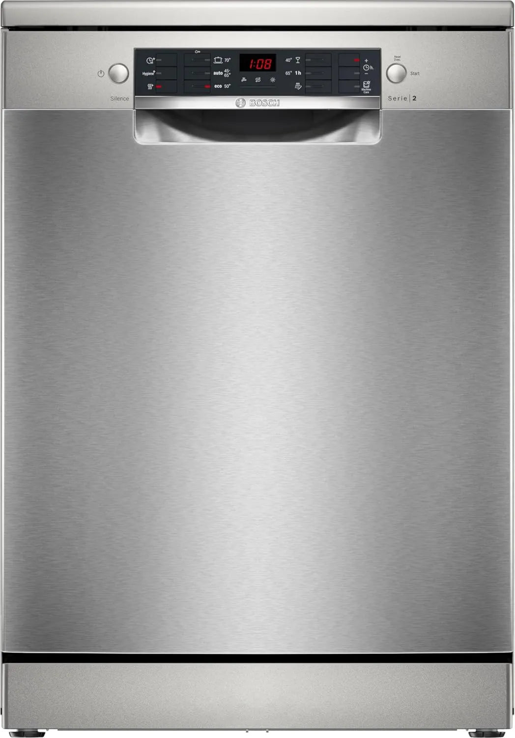 Bosch zmywarka, SMS26AI01F, 60 cm, aquaStop, stal nierdzewna, Kosz górny regulowany na 3 wysokości, 40°C Program szklany, Seria 2, Wyświetlacz