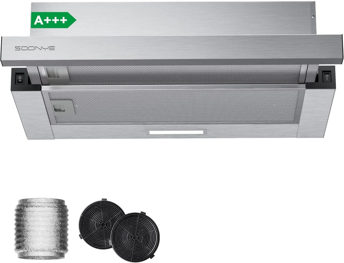 Soonye okap kuchenny, Okap próżniowy, 60 cm, 380m3 / h, energia klasy A-, ewakuacja i recykling, 380m3, recykling lub ewakuacja, Filtry węglowe m3/h