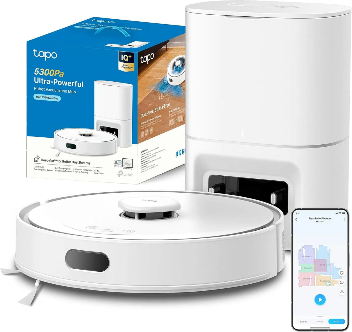 Robot odkurzający, 5300 Pa, 150 min, praca automatyczna, Tapo Robot odkurzający 4 w 1 RV30Max Plus automatyczne opróżnianie, cichy i cienki