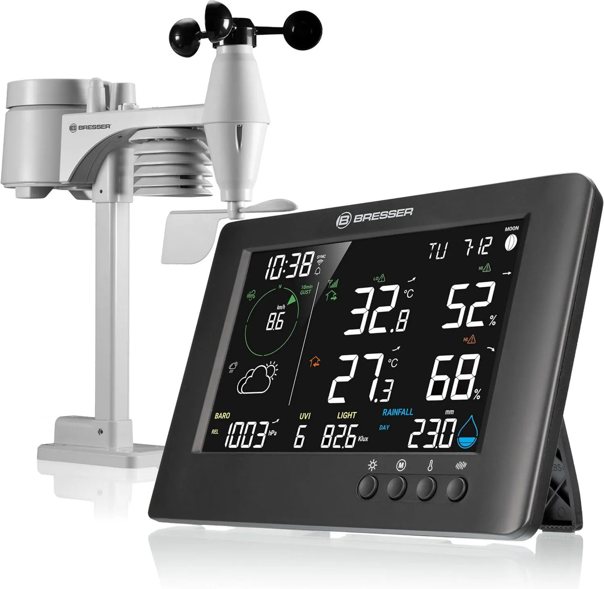 BRESSER, 7- in-1 Wielosensory, pogoda TB WiFi: Rozszerzone dane, profesjonalny bezprzewodowy stanik pogodowy TB WiFi 7 w 1, Prognoza graficzna, Nadzór 7-en-1