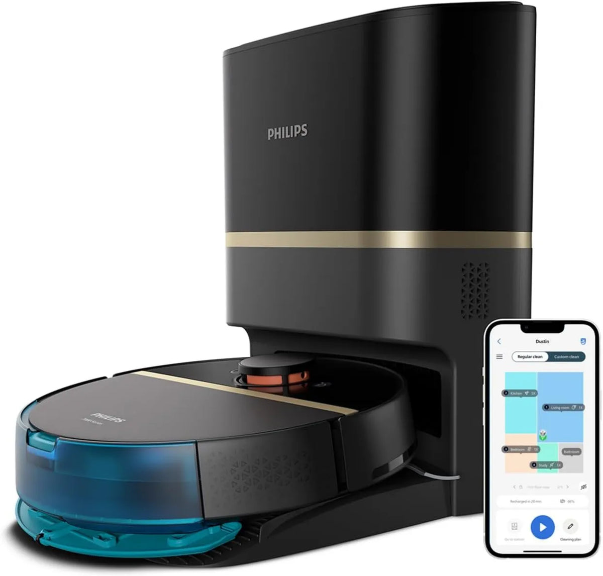 PHILIPS robot sprzątający, 30J 180mins Robot odkurzacz, 3 l, płyta IPS, czarny, 3 l worek XU7100/01, HomeRun app, 5000 Pa, zakres, 185 m²