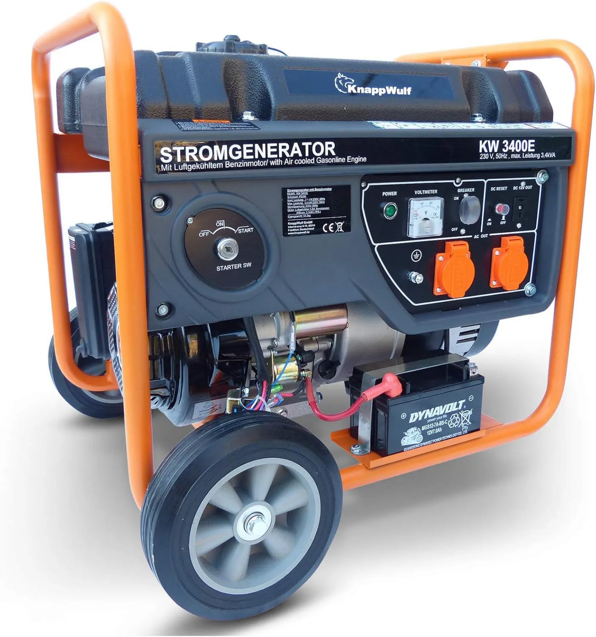 KW3400E generator prądu, 3000 W, 230 V, 2 x 230, w zestawie akumulator 2 x 230 V, zabezpieczenie przed brakiem oleju AVR przemysłowy, 1 x 12