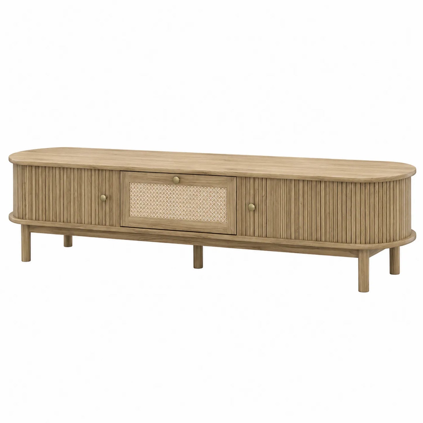 Owalna szafka RTV z drewna i rattanu 160x40x50 cm
