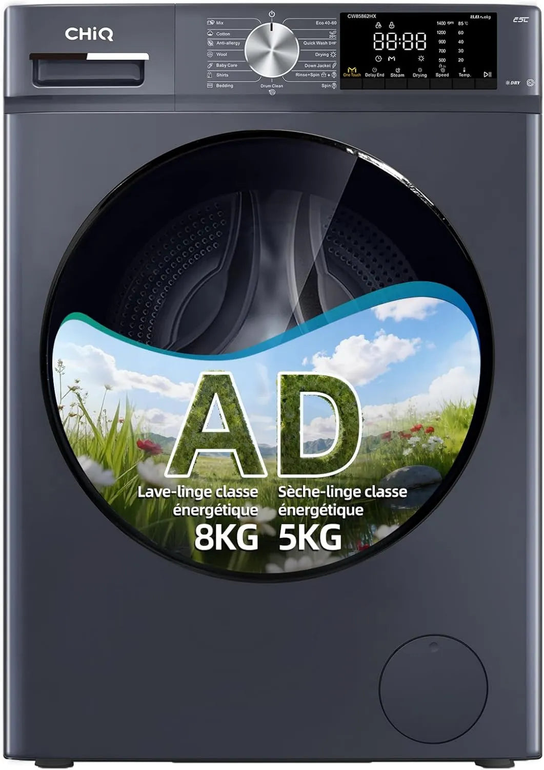 CHiQ pralka, susząca, 5 kg, 76 dB, klasa energetyczna A, suszarka, 8, 5 kg CW85862HX, para parowa, Inwerter, szary, 1400 T, min, 520 mm