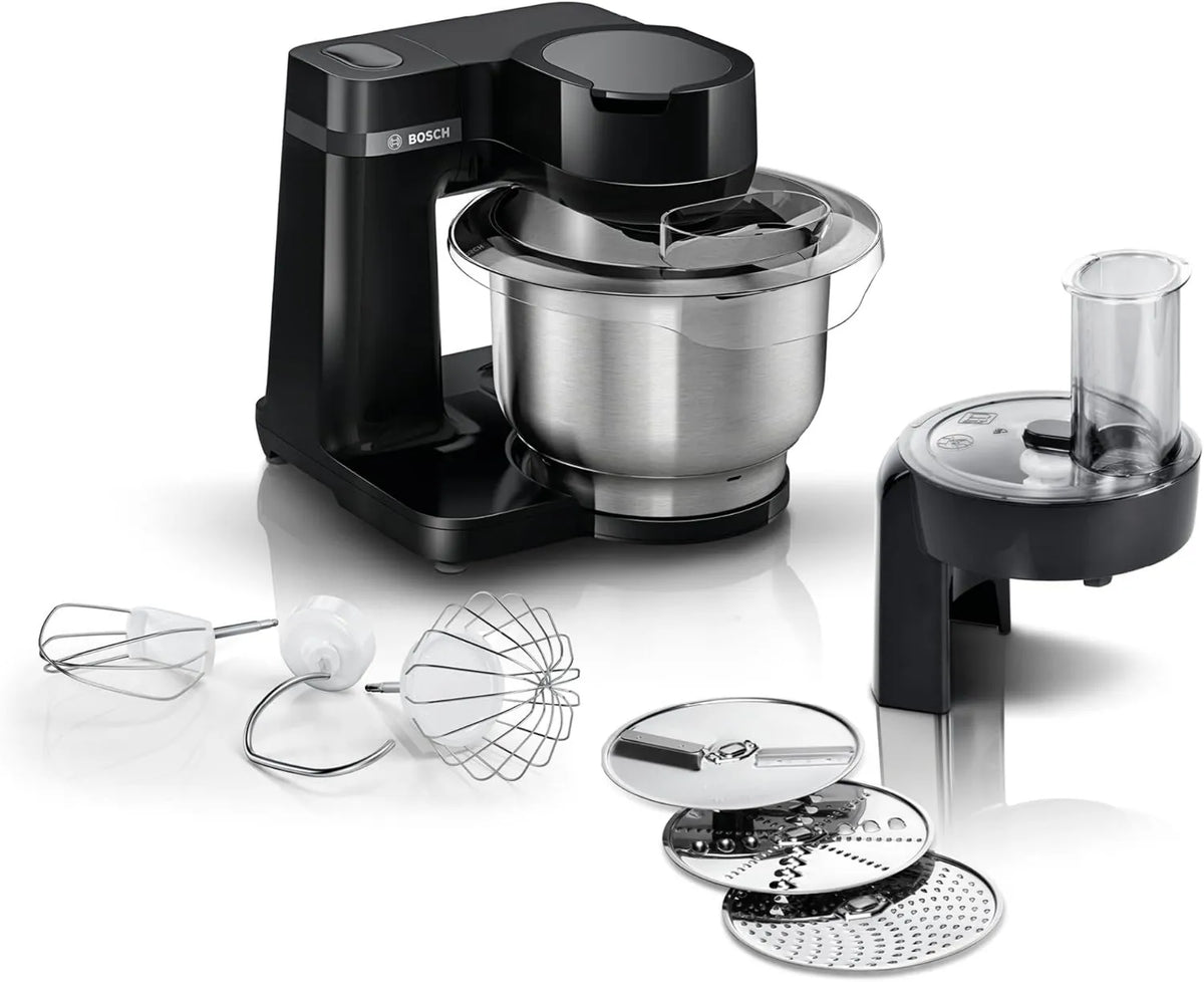 Bosch robot kuchenny, Serie 2 MUMS2EB01, 3.8 l, 700 W, ciasto, stal nierdzewna, czarny, ciasto ze stali nierdzewnej, chopper i 3 plastry