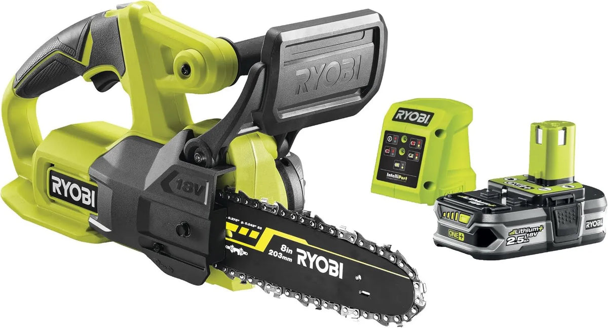 RY18CS20A-125 pilarka łańcuchowa, 2.5 Ah, 20 cm, 4.6 m, Ryobi Kompaktowa Piła Łańcuchowa 18V, Wydajność Cięcia 15 cm, Ręczne Napinanie Łańcucha