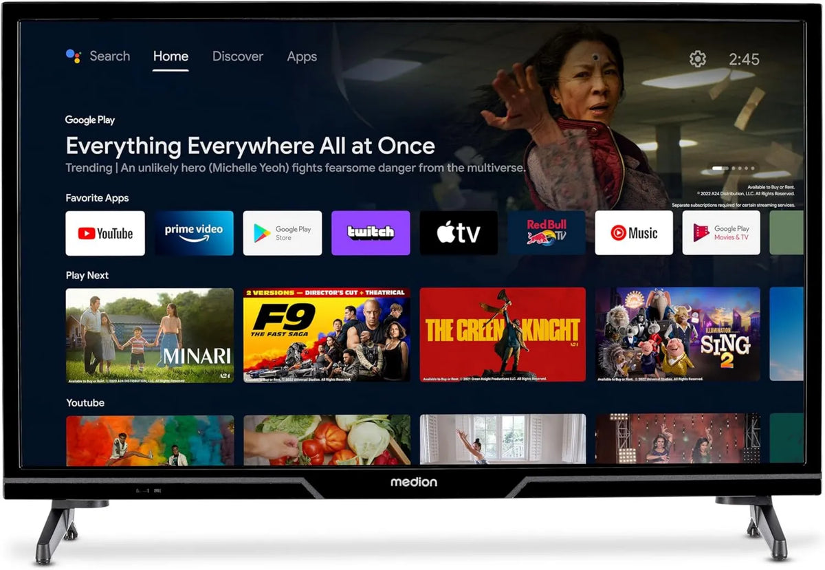 MEDION telewizor, Inteligentny, 24 cali, TV, P12431, HDR, Bluetooth, Android OS, nagrywania PVR, MD 29240, 8 cm, Netflix, Prime Video