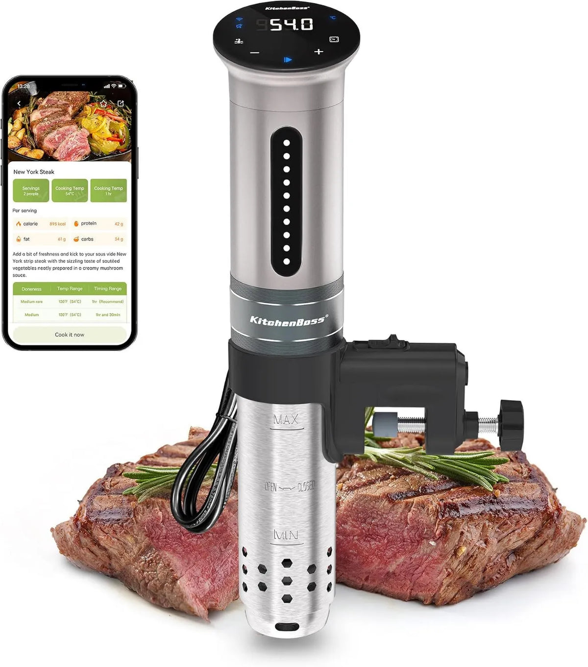 G310PS IPX7, 1100W, sterowanie WiFi, KitchenBoss Sous Vide Stick : Precyzyjny termokomputer 1100W, sterowanie WiFi/aplikacją, wodoszczelny