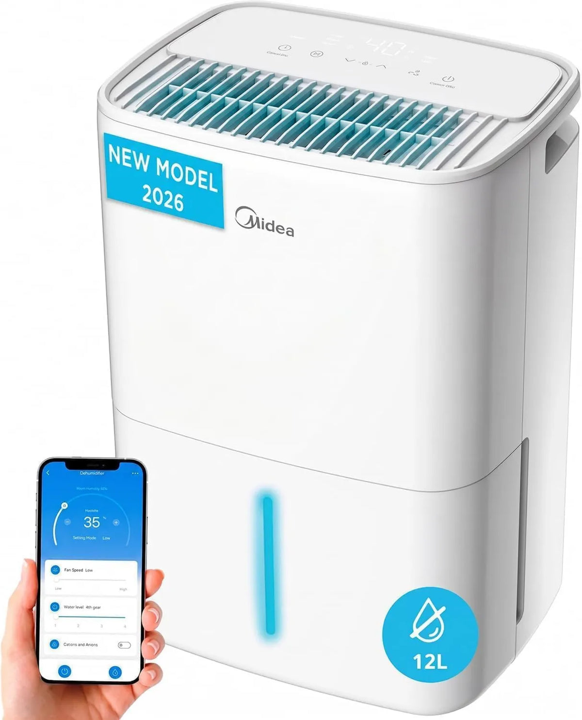Midea osuszacz powietrza, Denawidator powietrza Anti Moisture 12 l - Inteligentny kompresor, 12 l, Inteligentny kompressor i APP, Idealny do 35 m²