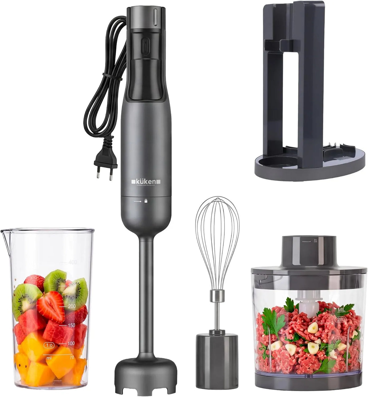 KUKEN blender ręczny, Mikser, 1000 W, LCD, profesjonalny minimer z 9 prędkościami, stal nierdzewna
