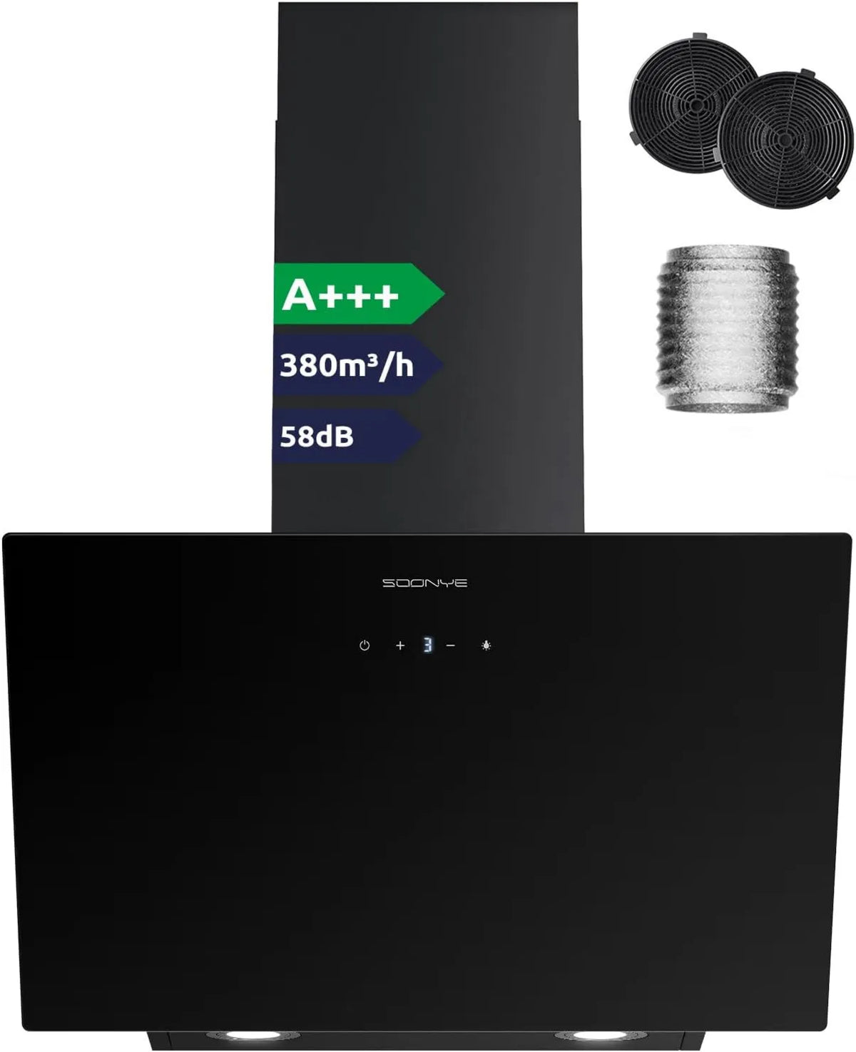 Soonye okap kuchenny, Okap próżniowy, 60 cm, 380m3 / h, klasa energetyczna A, przechył, ewakuacja i recykling, zewnętrzna, montaż ścienny, dotyk m3/h
