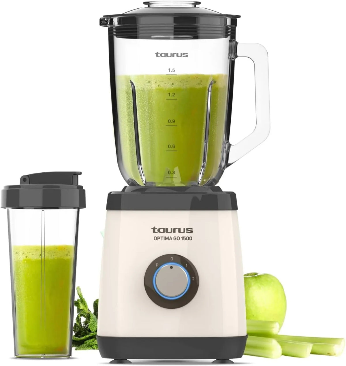 Solac blender kielichowy, Blender Taurus, 1500 W, przenośny, stal nierdzewna, szara, butelka przenośna 500 ml, 4 ostrza drutowe, 2 prędkości + Turbo 500 ml