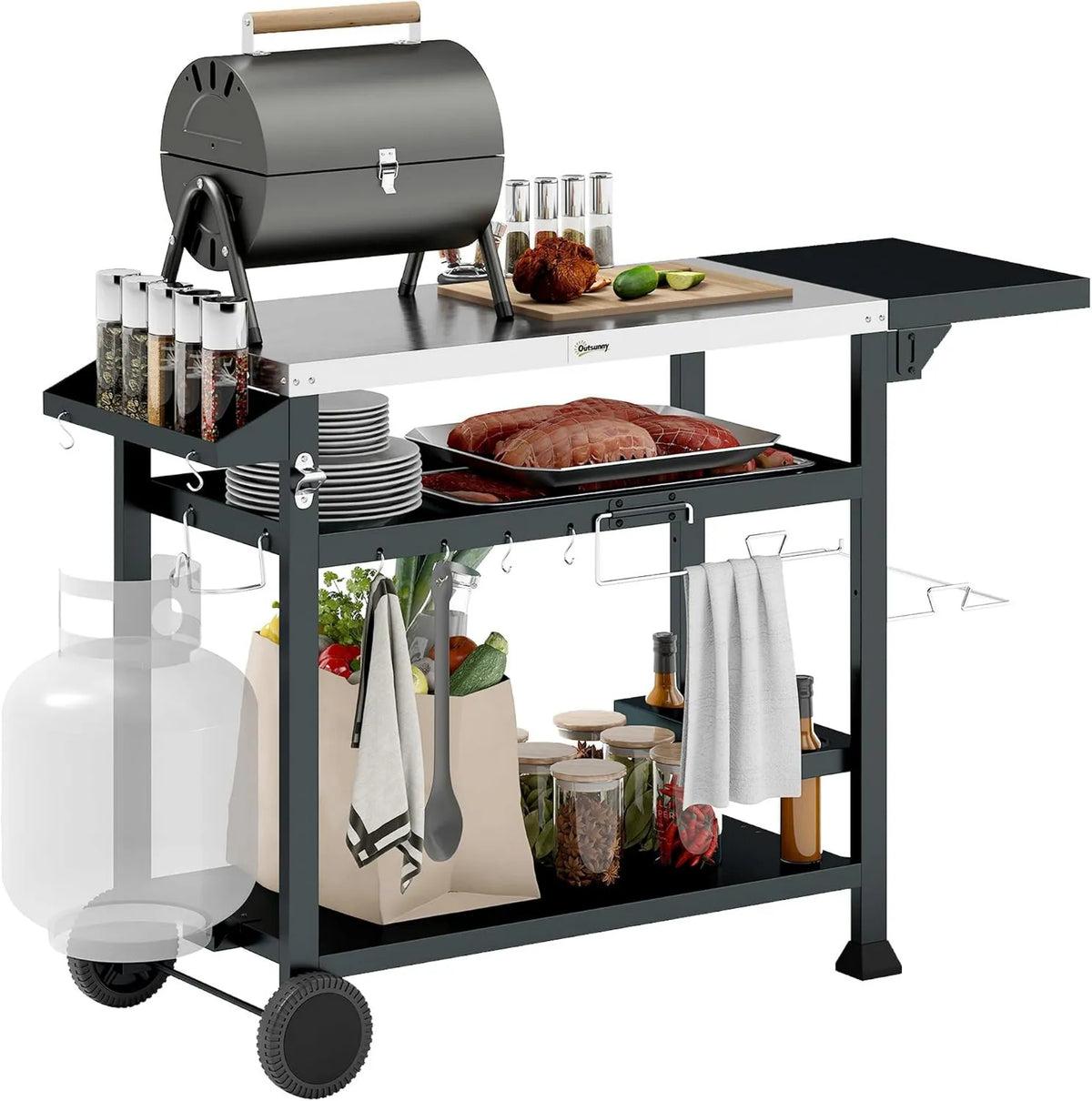 Outsunny regał, 80 kg, 55 cm, 180 cm, funkcja grilla, Grill na kółkach, stół do grillowania ze składanym stolikiem pomocniczym, regał na wino