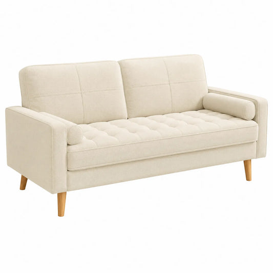 Beżowa sofa trzyosobowa z poliestru z drewnianymi nogami