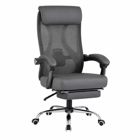 Fotel biurowy ergonomiczny z siatki i skóry PU szary z podnóżkiem