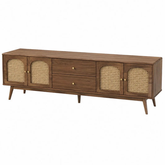 Szafka RTV z drewna i rattanu brązowa 160x40x50 cm