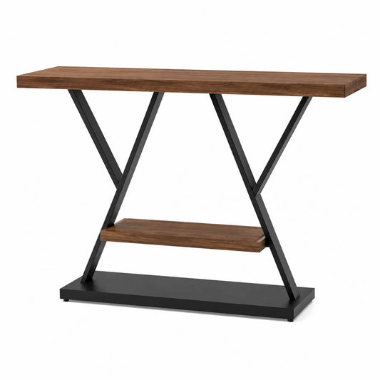 Konsola salonowa prostokątna z drewna i metalu 120x35x80 cm Brązowa/Czarna