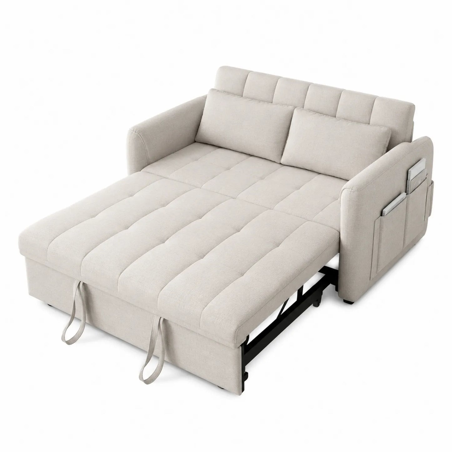 Sofa rozkładana materiałowa beżowa z miejscem do przechowywania