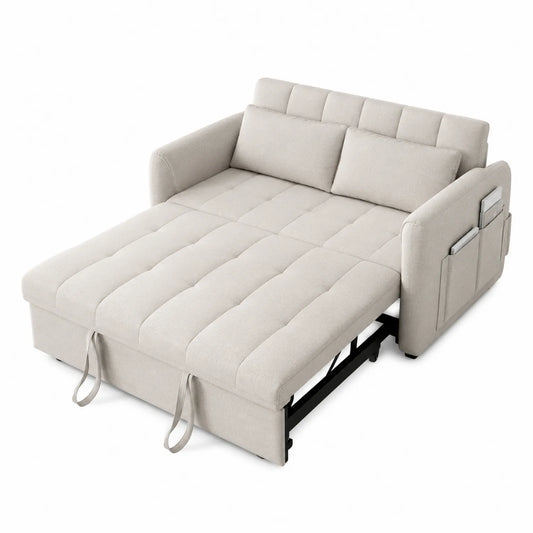 Sofa rozkładana materiałowa beżowa z miejscem do przechowywania