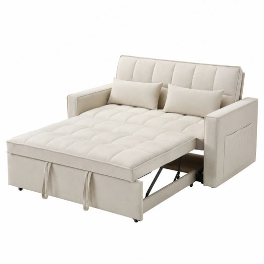 Sofa rozkładana z tkaniny lnianej, Beżowa, 200x150x90 cm
