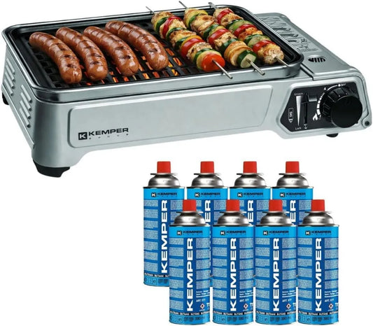 Grill gazowy, 1900 W, 227 g, funkcja grilla, KEMPER Grill gazowy 1900 W + 8 wkładów gazowych kempingowych