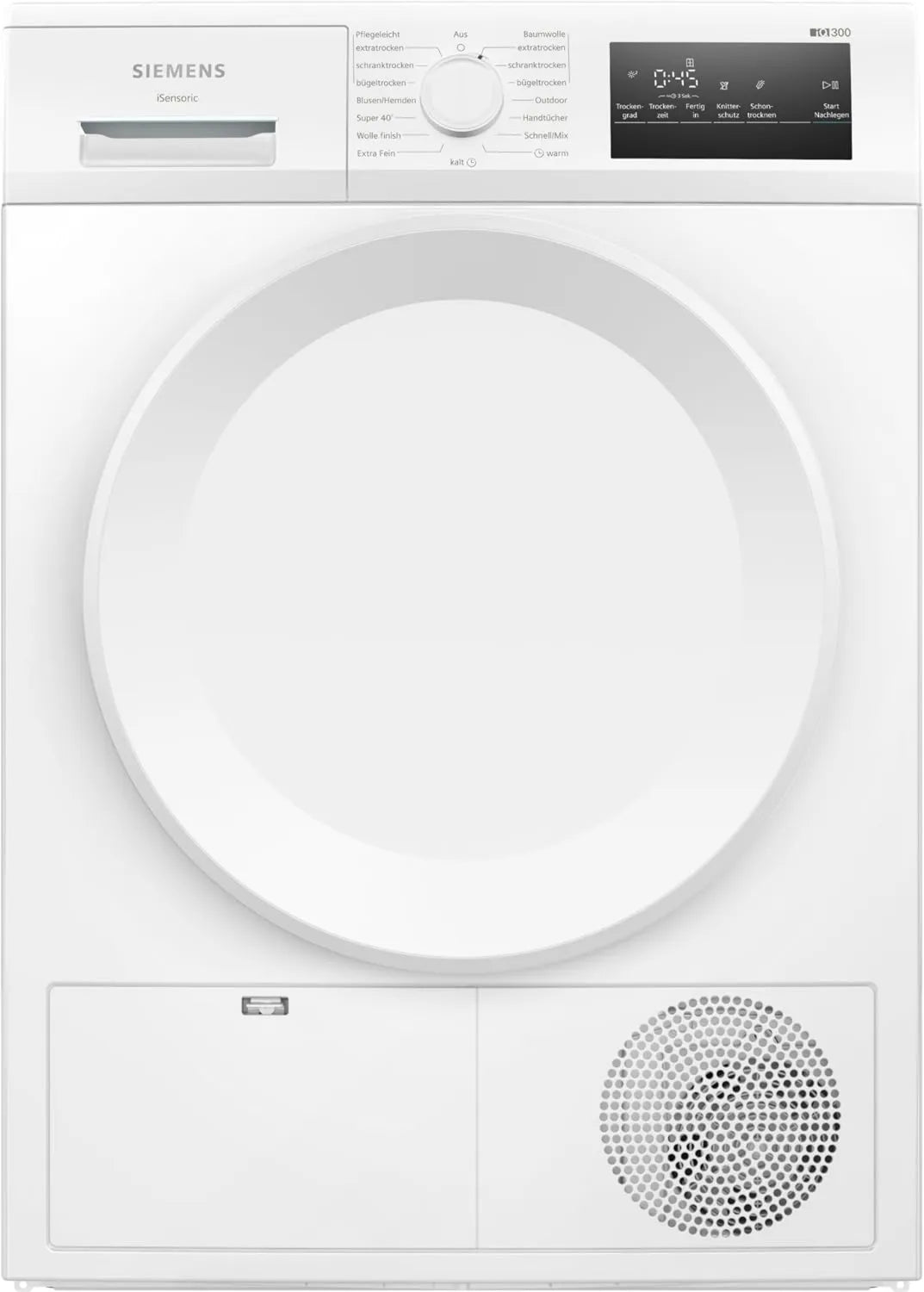 SIEMENS suszarka z pompą ciepła, iQ300 WT43H004 Suszarka, 8 kg, 65 dB, plener, dotyk, blokowanie, biały