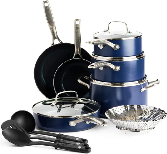 Blue Diamond, niebieski Diamond niebieski Diamond niebieski Diamond Bateria, bateria patelni i patelni, 14 sztuk, Non- stick kuchnia