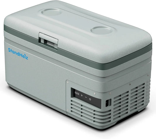 Lodówka z zamrażarką, Lodówka Turystyczna Kompresorowa 15L, Kompaktowa Mini Lodówka z Aplikacją i Trybem ECO, 12V/24V/230V do Samochodu, Szaro-Zielona