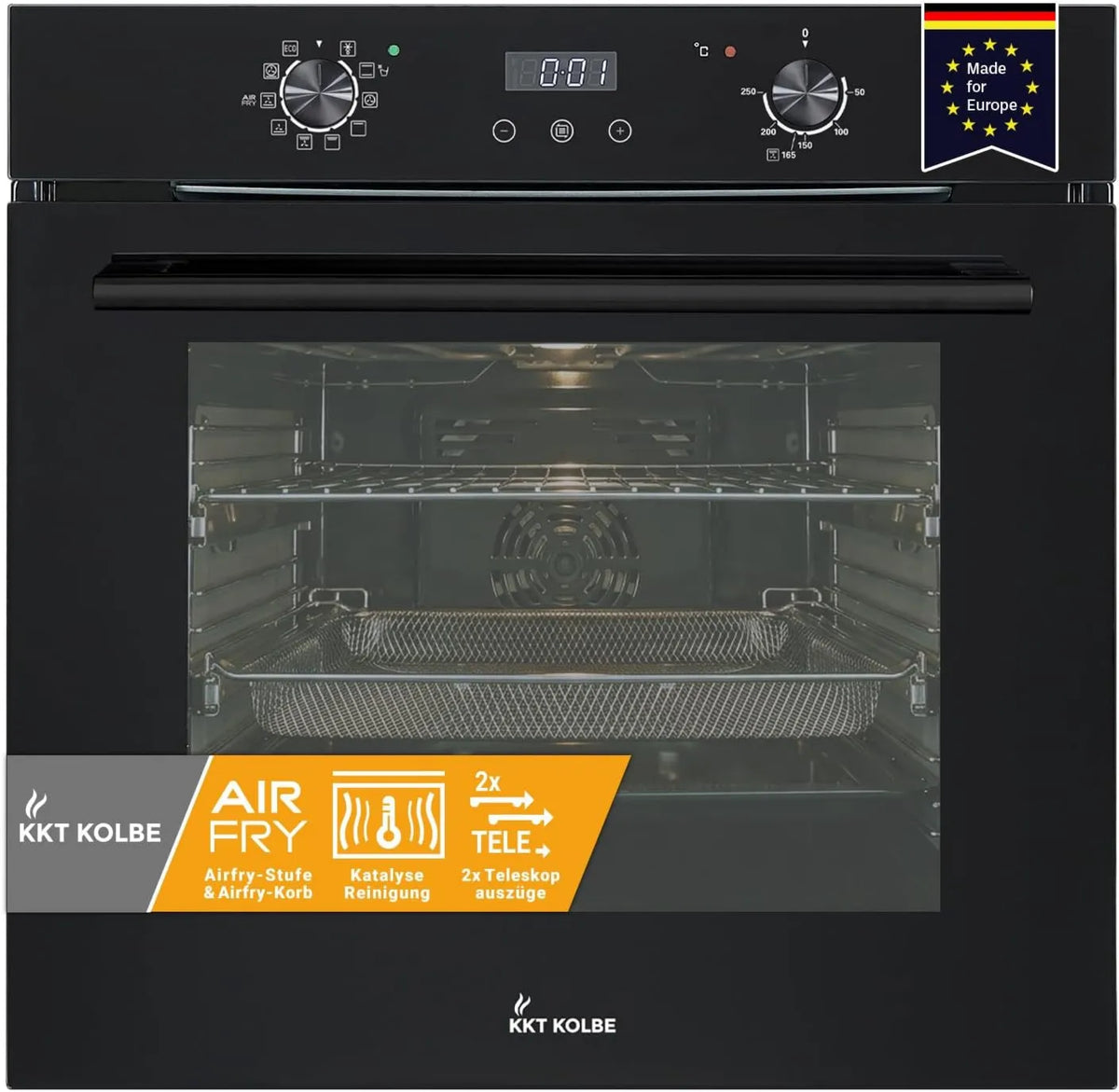 KKT KOLBE piekarnik do zabudowy, Elektryczny piec do pizzy, 60 cm, 73 l, KKT BO7010FB, wbudowany, samodzielny, czarny, 25 kW Wyciągi teleskopowe Funkcja Catalyse Pizza Gorące powietrze