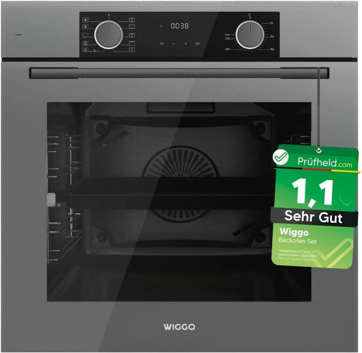 Wiggo piekarnik do zabudowy, Piec elektryczny, 60 cm, 73 l, 10 programów, klasa energetyczna A, wbudowany, para, szary, 10 funkcji, miękkie zamknięcie