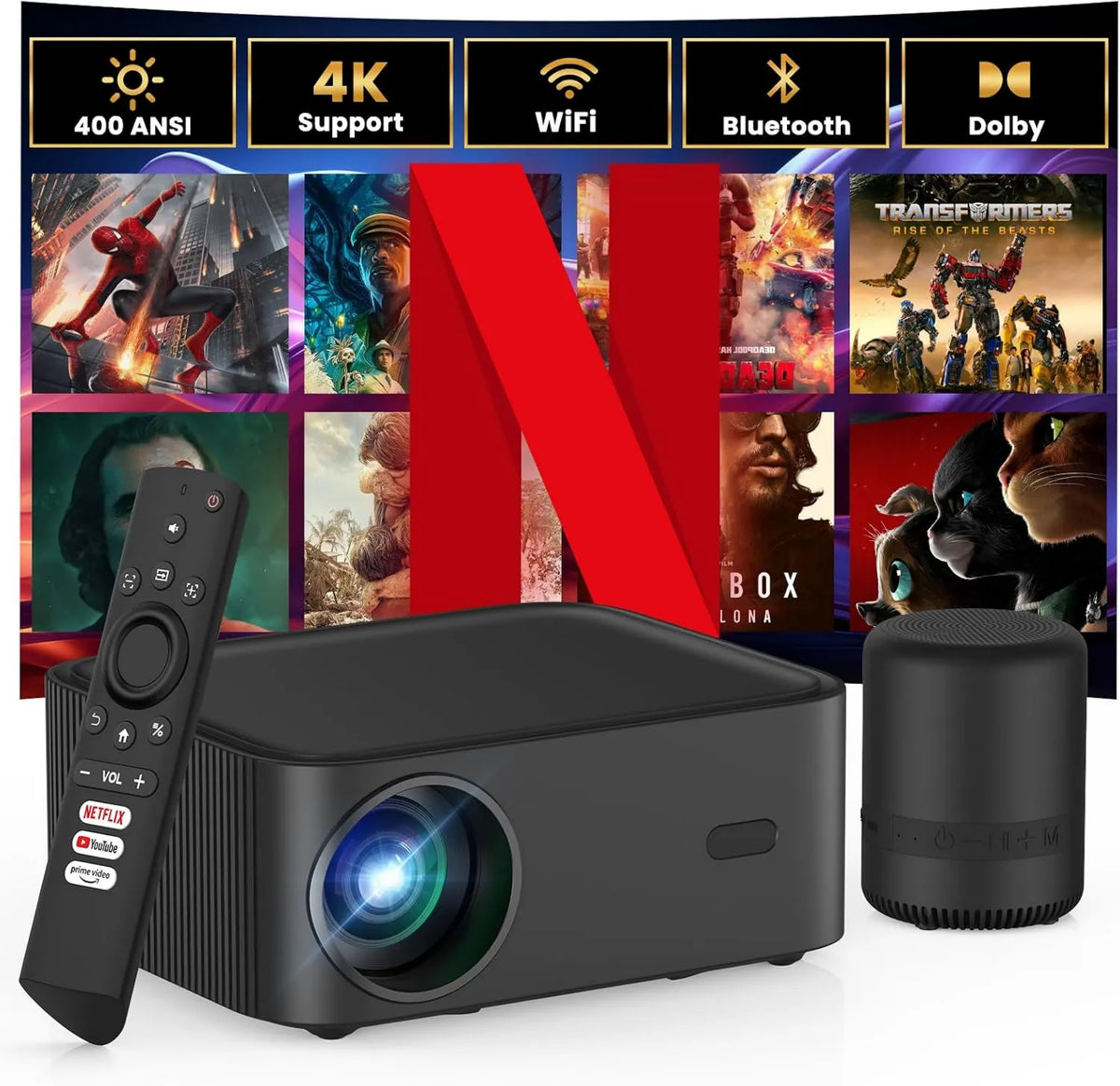 Projektor, 15000 l, Full HD, 1080p, sterowanie WiFi, łączność Bluetooth, HOPVISION Mini rzutnik, przenośny projektor 4K, kino domowe