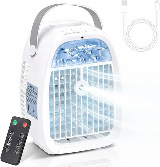 Pozxiol klimatyzator przenośny, Klimatyzator, zegar, 3 prędkość, USB, kemping, mini odświeżacz powietrza 4 w 1 z pilotem, LED zegar, 2 tryby Brume, 1H zegar