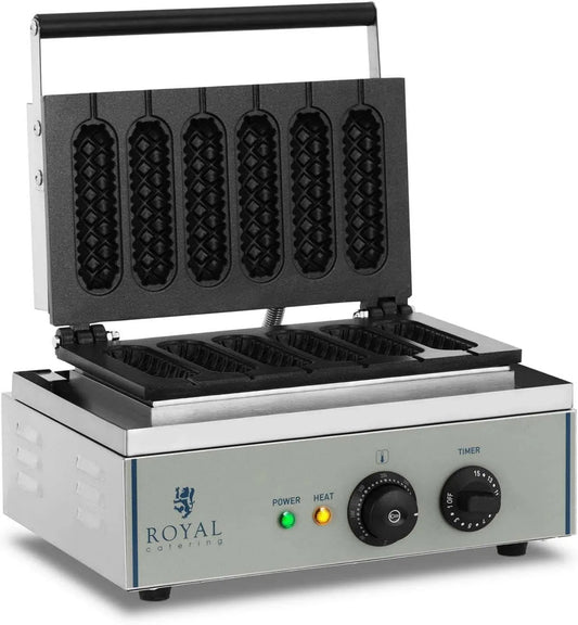 Royal Catering gofrownica / opiekacz, RCWM- 1500- S, 29.5x38.3x42 cm, minutnik, regeneracja, powłoka nieprzylegająca, minutnik do 15 min, 6 patyków, 1500 W RCWM-1500-S
