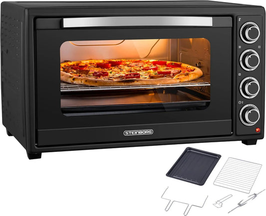 Piec do pizzy, 2000 W, 60 min, timer, Steinborg Mini piekarnik 60 litrów z termoobiegiem i rożnem obrotowym, grzanie górne/dolne i konwekcyjne
