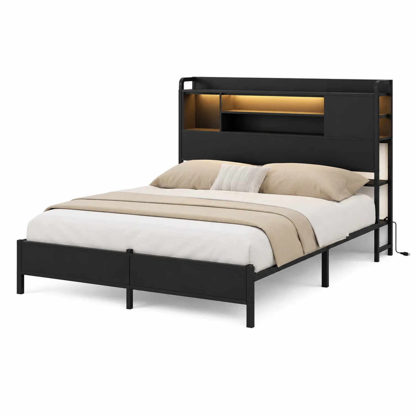 Łóżko metalowe z półkami LED 160x200 cm Czarny