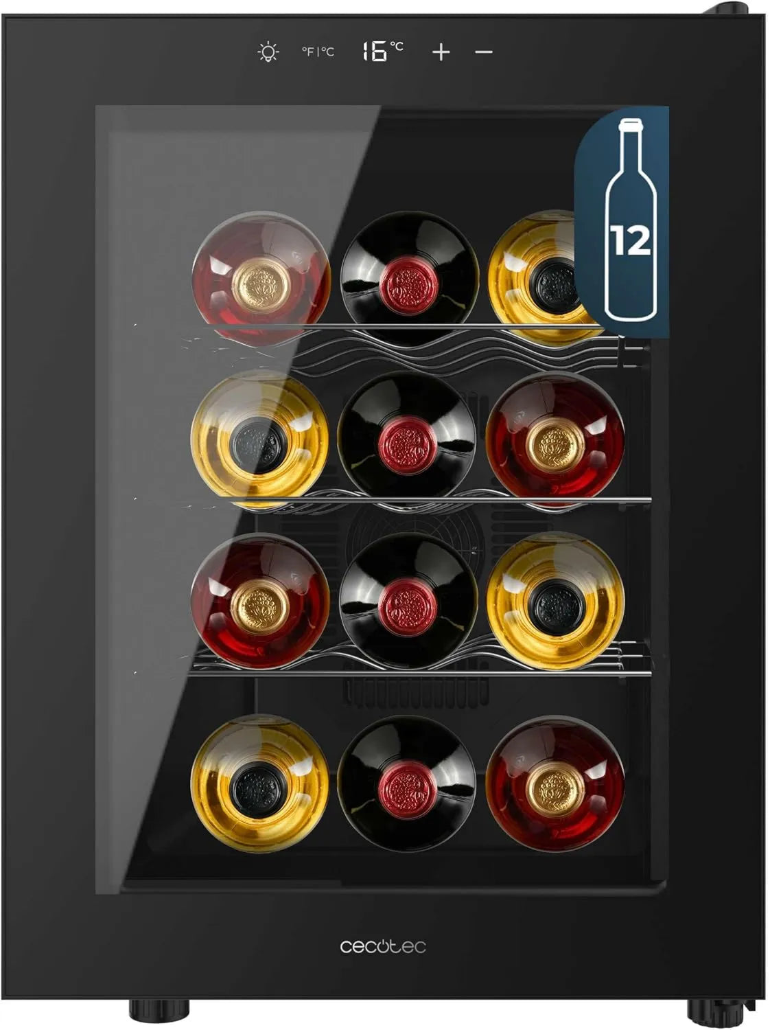 Cecotec chłodziarka do wina, Bolero GrandSommelier 1255 Piwnica elektryczna, 12 butelek, 8 do 18°C, 2 strefy temperatury, dotyk, Półki metalowe, Kontrola