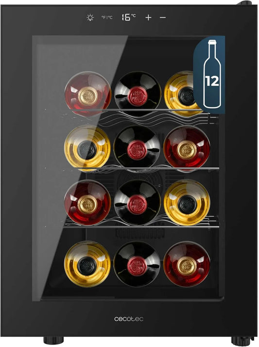 Cecotec chłodziarka do wina, Bolero GrandSommelier 1255 Piwnica elektryczna, 12 butelek, 8 do 18°C, 2 strefy temperatury, dotyk, Półki metalowe, Kontrola