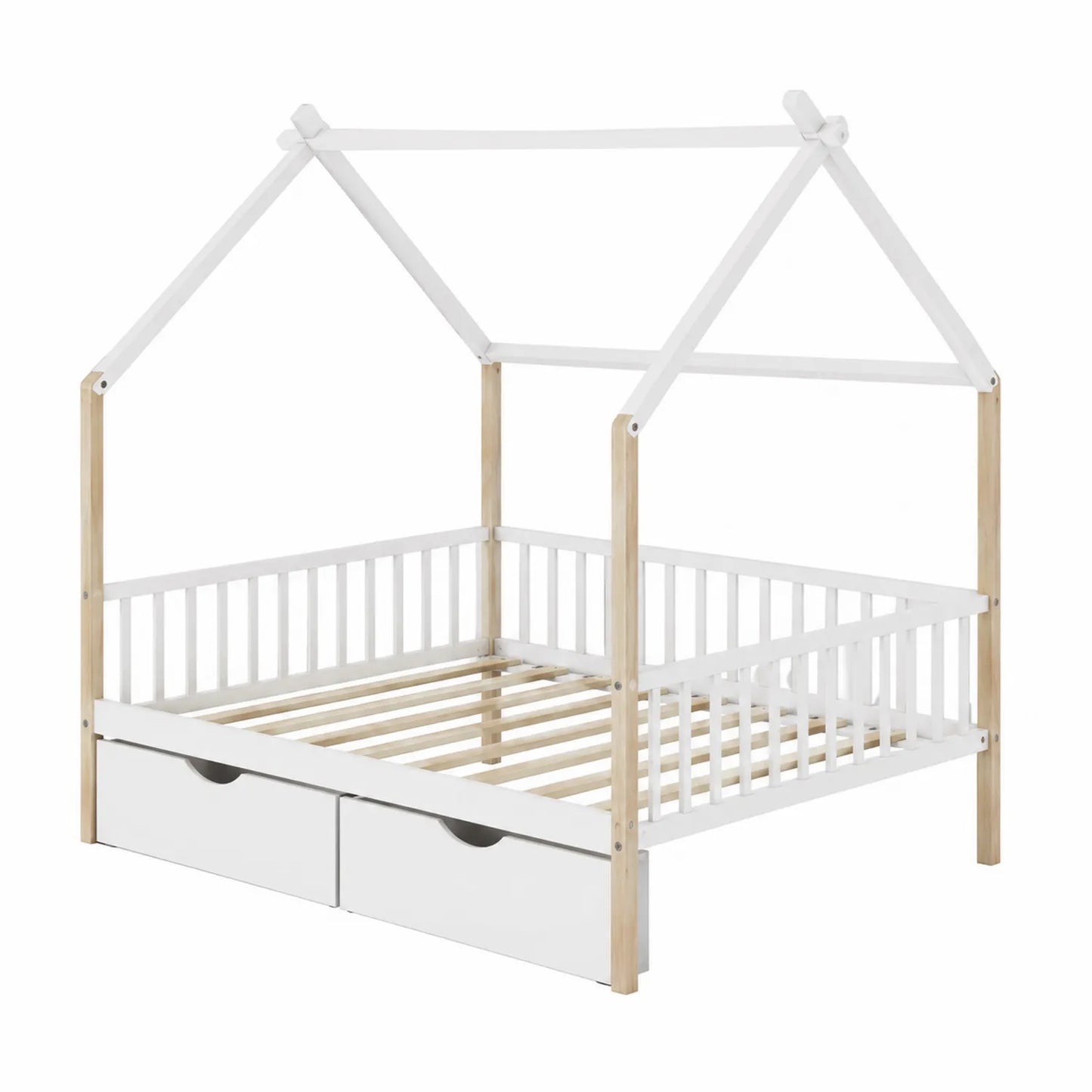 Łóżko dziecięce domek z szufladami drewno biały 200x90 cm