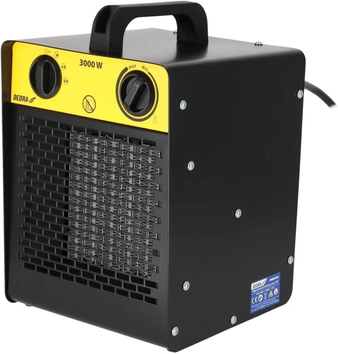 Dedra grzejnik elektryczny, Elektryczny grzejnik, 3000 W, PTC 3000, przenośny pomocniczy termostat z termostatem warsztatowym, czarny