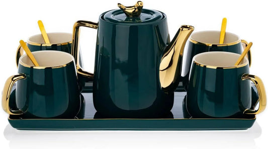 HowHomely, Z czajniczek, Nowoczesny, Ceramiczny serwis kawy dla 4 osób, 4 kubki i taca serwująca, Zielony, Idealny do kawy