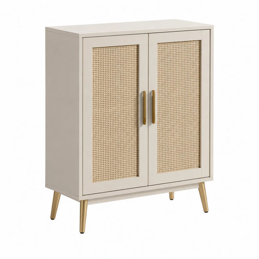 Komoda z drewna i rattanu z metalowymi nóżkami kremowa 80x40x120 cm