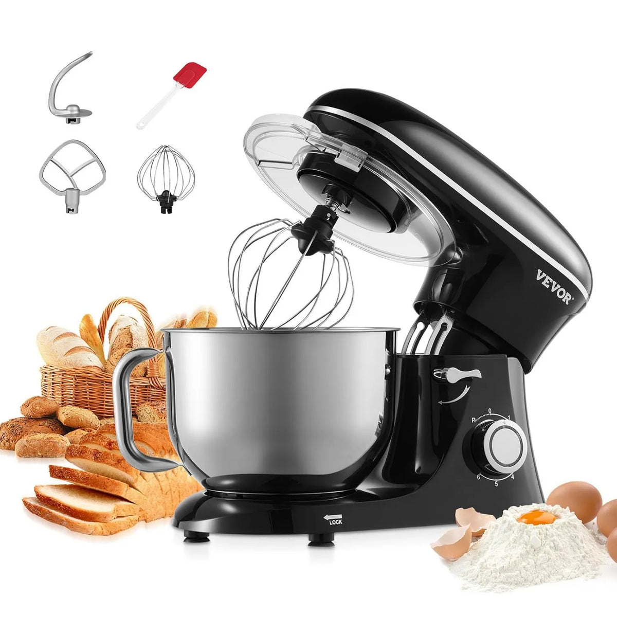 Robot kuchenny, 1400 W, 5,68 l, VEVOR Robot kuchenny mikser do ciasta 1400 W, z uchylną głowicą, miską z nierdzewnej stali, hakiem do zagniatania