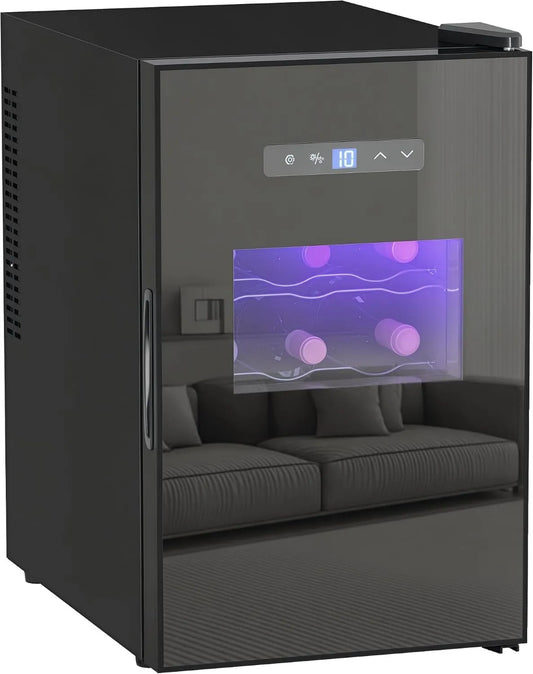 HOMCOM chłodziarka do wina, Winiarnia elektryczna, 39 l, 15 butelek, 8 do 18°C, oświetlenie LED, dotyk, tłumik, czarny, kontrola temperatury 8- 18°C, lodówka z winem