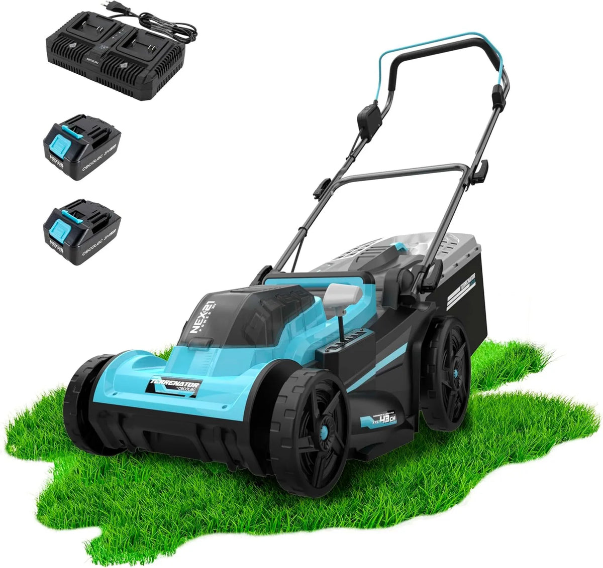 Cecotec E7 kosiarka, 43 cm, silnik bezszczotkowy, zasilanie akumulatorowe, działa 2 baterie 21 V 4 Ah, zmiana wysokości systemu Z-Tech