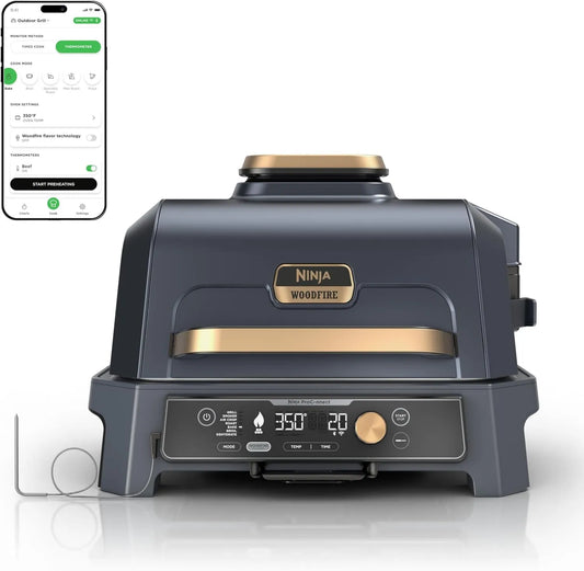 NINJA, OG951BL1 suszarka na gorące powietrze, do użytku na zewnątrz, Bluetooth, app, Woodfire Pro Connect XL Grill na zewnątrz i pokój dla palących, Grill 7 w 1