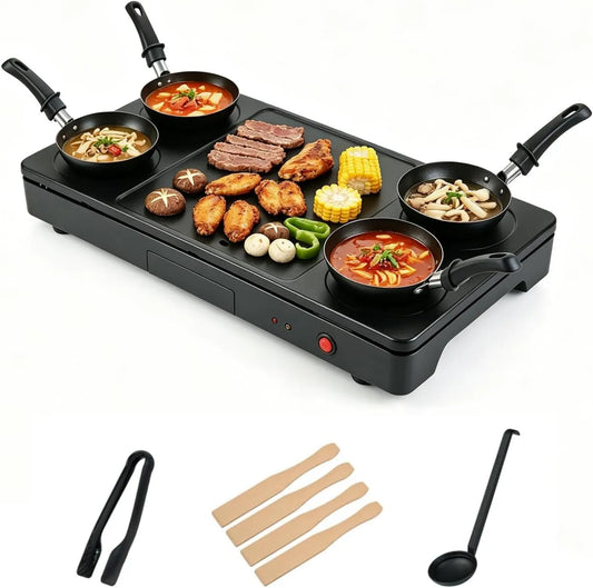 LIFEZEAL grill elektryczny, płyta grzewcza, grill, powłoka nienakładająca się na paski, 4 drewniane szpatułki i tacki smarowe, Grill Raclette dla rodzin i grup, Szczypce do grillowania