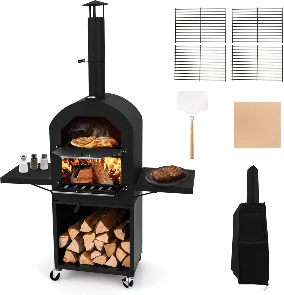GYMAX, Elektryczny piec do pizzy, 30 cm, plener, ruszające się koła, grill, 2 Grille do gotowania, Pizza pelle