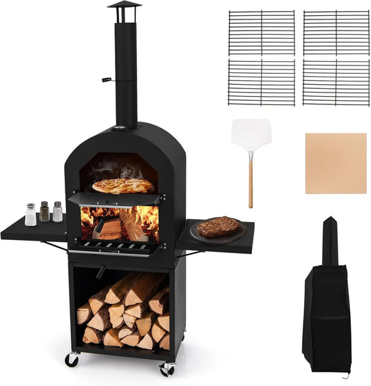 GYMAX, Elektryczny piec do pizzy, 30 cm, plener, ruszające się koła, grill, 2 Grille do gotowania, Pizza pelle